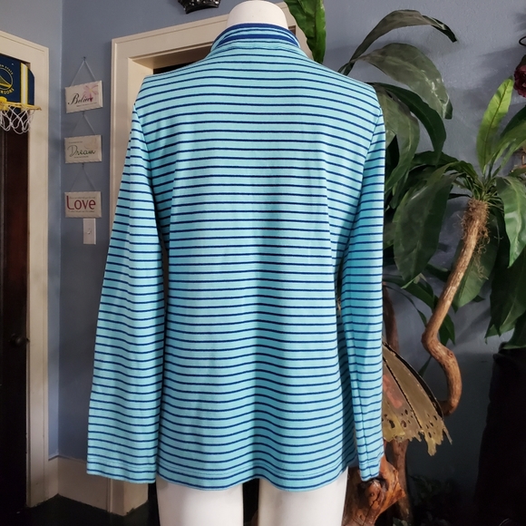 Breckenridge Mock V-Neck Green Blue Striped Longsleeved Top Size Small - Picture 2 of 7
